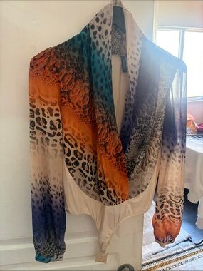 Marciano Multi-Color Animal Print Sheer Blouse - Orange, Teal, Purple, Beige